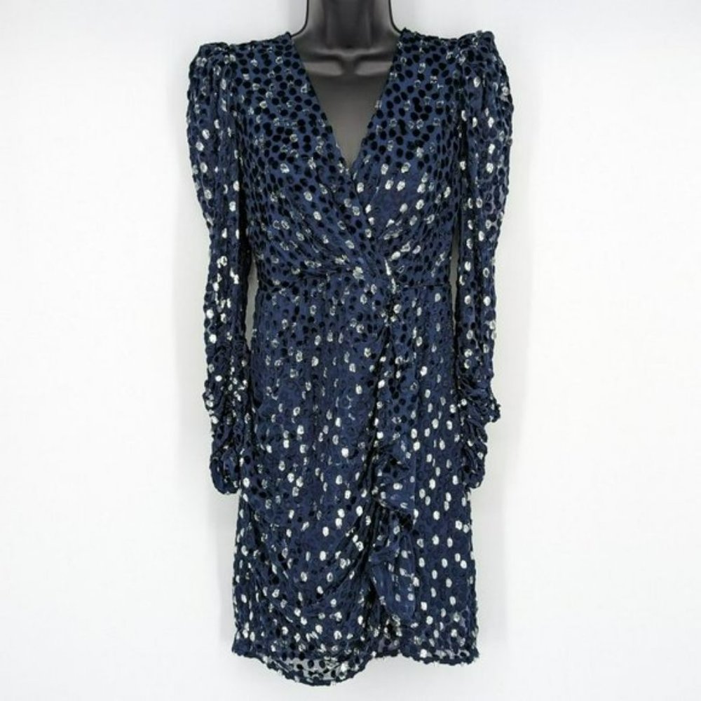 Kate Spade Scatter Dot Dress 6 Navy Silver Faux Wrap Ruffle Velvet Long Sleeve